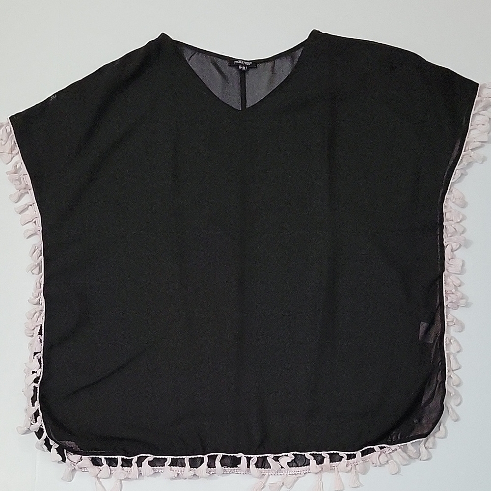 CPOKRTWSO Swimsuit Coverup Black Poncho Tassle Trim. Size S/M